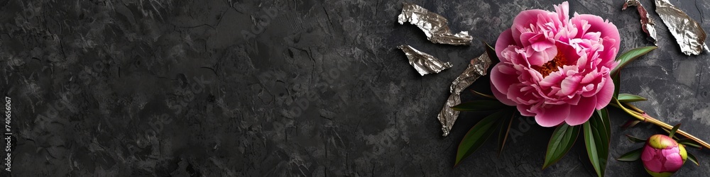peony with pieces of foil with space for text. peony with pieces of foil with space for text.
