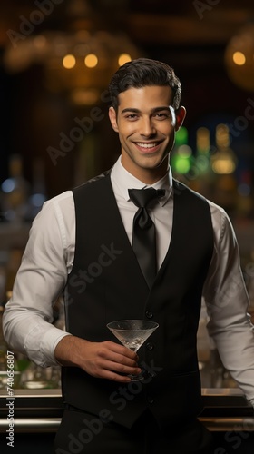 young male bartender serving martini cocktail with bar in background
