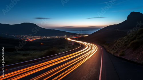 Long exposure captures light trails on a winding road at dusk