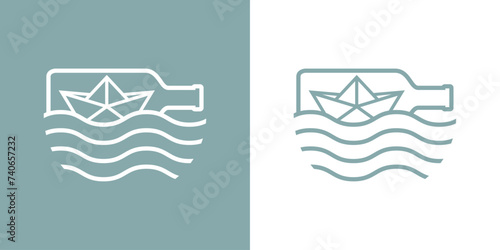 Logo Nautical. Silueta de barco de papel lineal estilo origami en botella con olas de mar photo