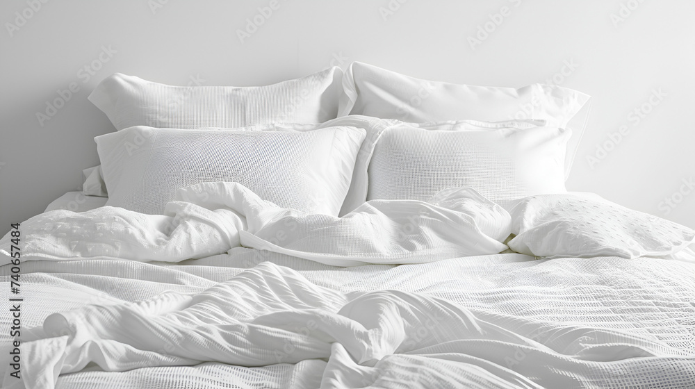 White bed with white pillows, duvet, and bedding, inviting serenity and comfort. Generative AI

 - obrazy, fototapety, plakaty 