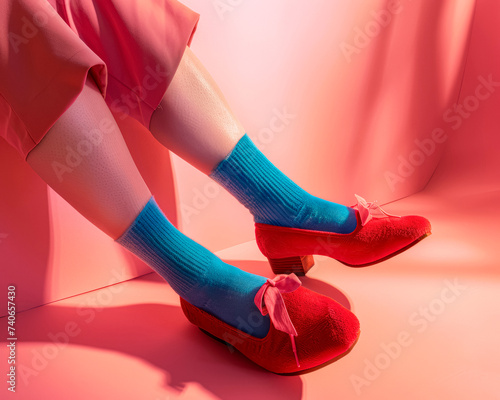 Vibrant Red Flats with Blue Socks, Fashion Contrast photo