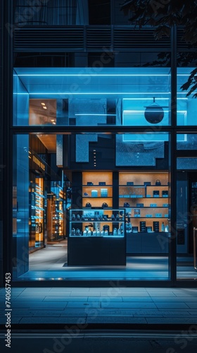 Blue Hour Boutique. Contemporary Storefront Illumination Against Night Sky