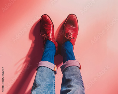 Elegant Red Dress Shoes with Contrasting Blue Socks