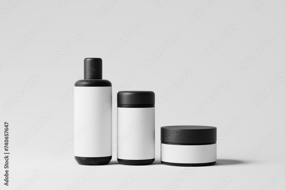 cosmetic packaging mockup set featuring a bottle, a tall jar and a flat jar. cosmetic packaging mockup set featuring a bottle, a tall jar and a flat jar.