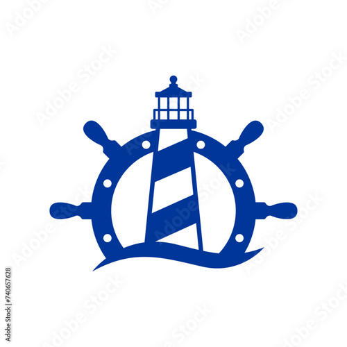 Logo Nautical. Icono de torre marítima en puerto. Silueta de timón de barco con faro de luz con olas de mar
