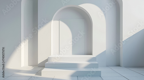 White podium on blank wall with square, Generative Ai. Enhance your space with minimalist elegance, featuring a pristine white podium set against a clean backdrop, crafted to elevate any environment. 