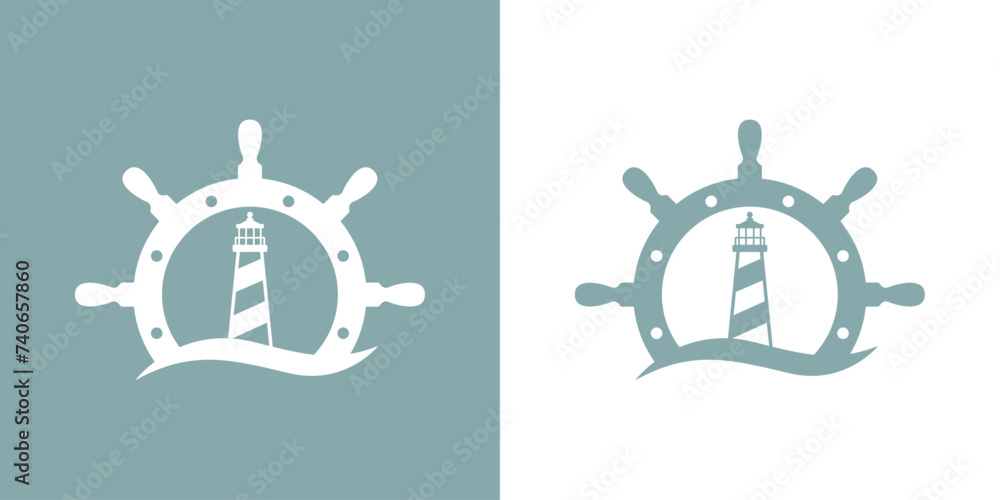 Logo Nautical. Icono de torre marítima en puerto. Silueta de timón de barco con faro de luz con olas de mar - obrazy, fototapety, plakaty 