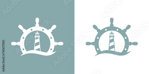 Logo Nautical. Icono de torre marítima en puerto. Silueta de timón de barco con faro de luz con olas de mar photo