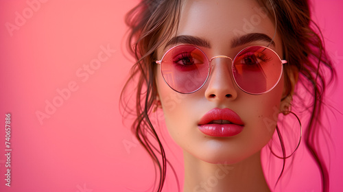 Pretty woman with bright makeup and fashion sunglasses posing against a pink background, exuding confidence and style, Generative Ai.