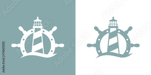 Logo Nautical. Icono de torre marítima en puerto. Silueta de timón de barco con faro de luz con olas de mar