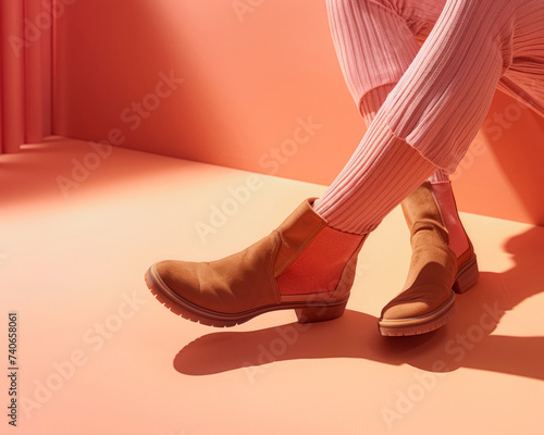 Caramel Ankle Boots and Textured Socks, Soft Peach Tones, Casual Comfort photo