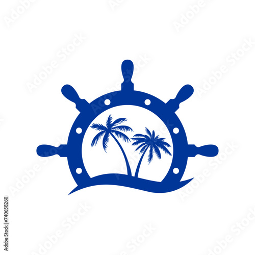 Logo Nautical. Vacaciones de verano. Silueta de timón de barco con la palma y olas