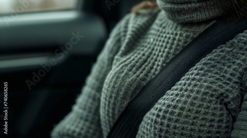 Fastened black seat belt on a woman wearing a sweater, passenger transportation safety and prevention, seat belt buckle before the ride, car interior, cautious person respecting the rule of the law