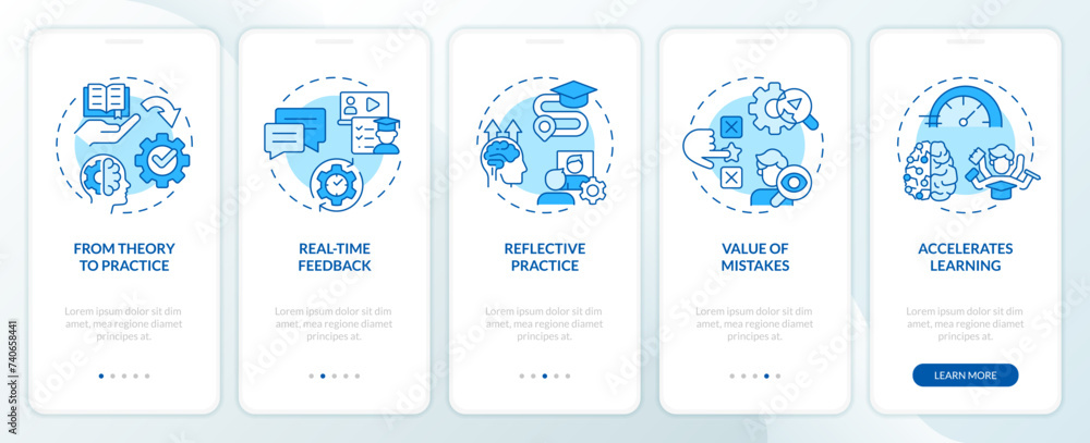 Learning advantages blue onboarding mobile app screen. Experiences walkthrough 5 steps editable graphic instructions with linear concepts. UI, UX, GUI template. Myriad Pro-Bold, Regular fonts used - obrazy, fototapety, plakaty 