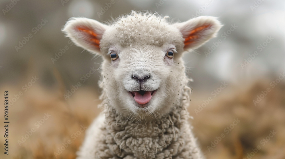 Funny sheep. Portrait of sheep showing tongue.