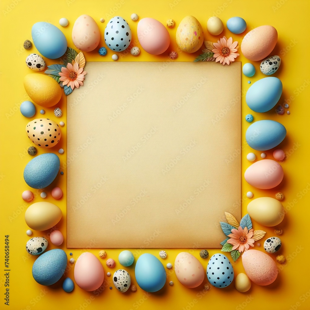 A creative arrangement of colorful Easter eggs, beads, and flowers surrounding a blank square canvas on a vibrant yellow background. The composition exudes a festive atmosphere A creative arrangement of colorful Easter eggs, beads, and flowers surrounding a blank square canvas on a vibrant yellow background. The composition exudes a festive atmosphere