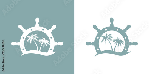 Logo Nautical. Vacaciones de verano. Silueta de timón de barco con la palma y olas