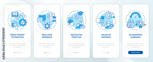 Learning advantages blue onboarding mobile app screen. Experiences walkthrough 5 steps editable graphic instructions with linear concepts. UI, UX, GUI template. Myriad Pro-Bold, Regular fonts used