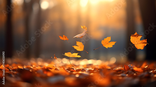Maple leaves fall to the ground in autumn
