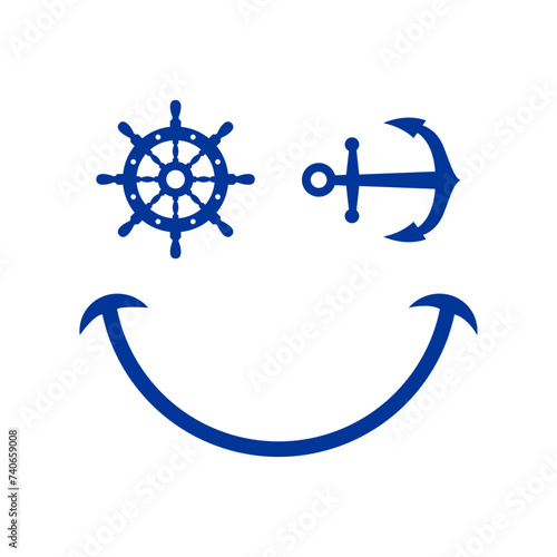 Logo Nautical. Silueta de emoticono con cara con timón como ojo y ancla de barco como guiñando un ojo y sonrisa