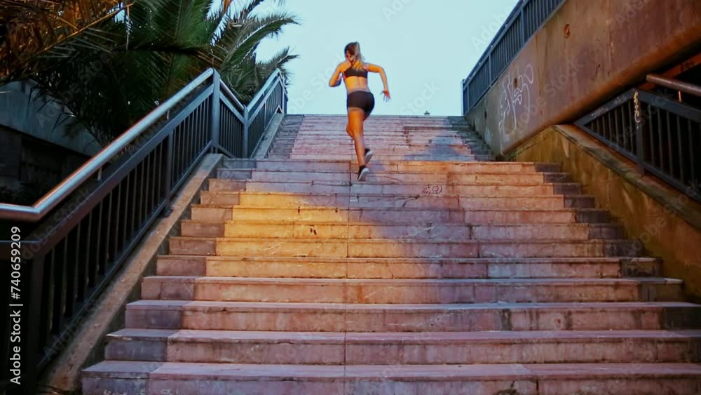 Back view of unrecognizable young blonde female runner training up stairs and doing push ups over railing banister at sunrise Back view of unrecognizable young blonde female runner training up stairs and doing push ups over railing banister at sunrise
