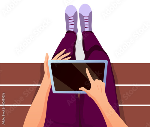 Boy sitting on bench vector illustration of university. Legs top view on white background for back to school design