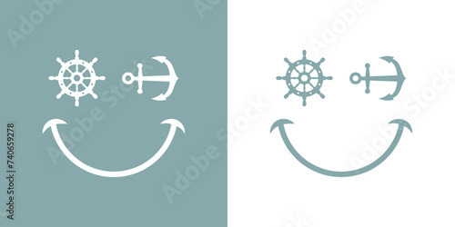 Logo Nautical. Silueta de emoticono con cara con timón como ojo y ancla de barco como guiñando un ojo y sonrisa