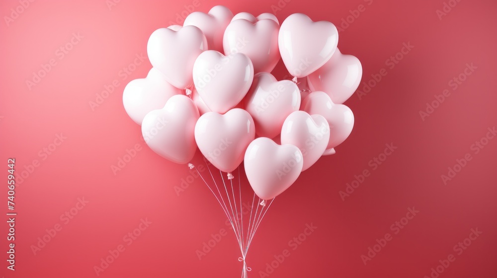 bouquet of hearts shaped balloons on red background