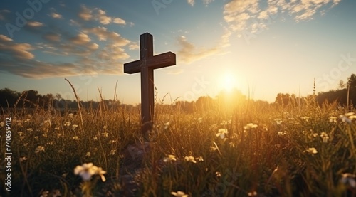 a wooden cross at sunset in the field