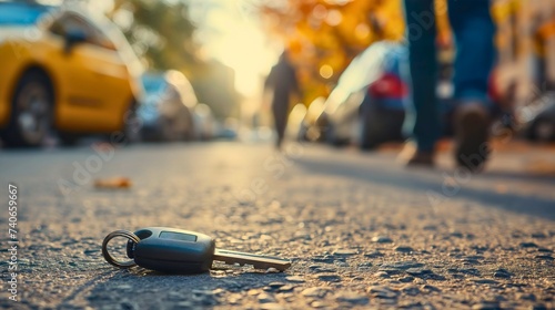 Low angle closeup photography of a man who lost his car keys. Keys on the asphalt street, man walking away from him, forgetting to pick it up. Dropped on the ground photo