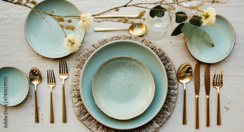 A spring table set with blue napkins on a white table