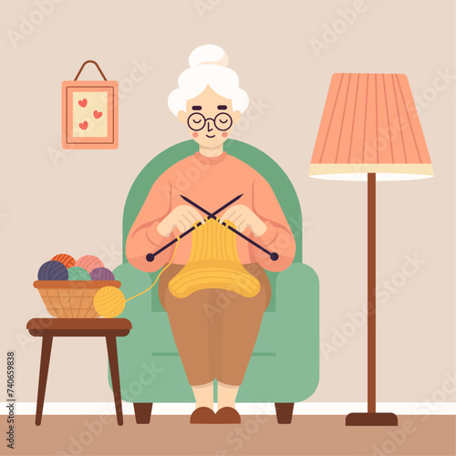 Elderly woman knitting sweater in living room. Vector illustration