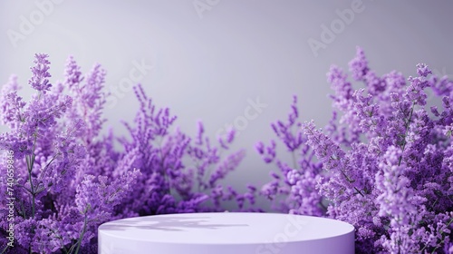 Lavender podium flower background purple product nature platform stand summer 3d table. 3D Display Cosmetic Product Presentation