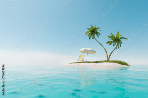secluded small island with a single beach chair under an umbrella and two palm trees against a clear sky. Relaxing summer vacation concept.