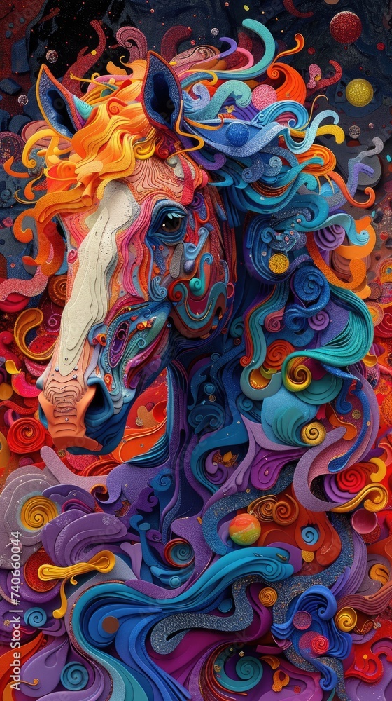 Fototapeta premium Vibrant Horse Painting With Colorful Swirls