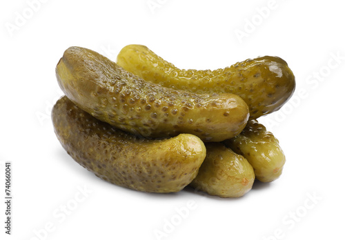 Pile of tasty pickled cucumbers isolated on white