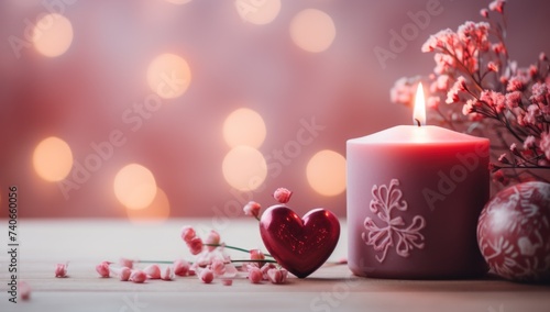 a candle, flowers and decorative hearts accompanied by a blurred background
