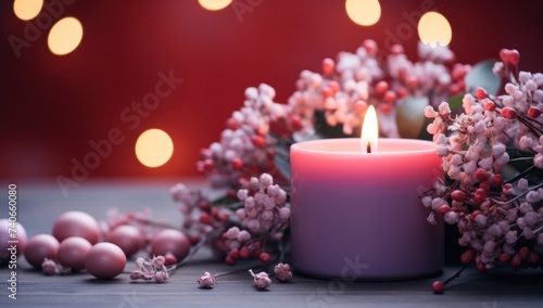 a candle, flowers and decorative hearts accompanied by a blurred background