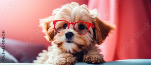 a dog is wearing red eyeliquor glasses