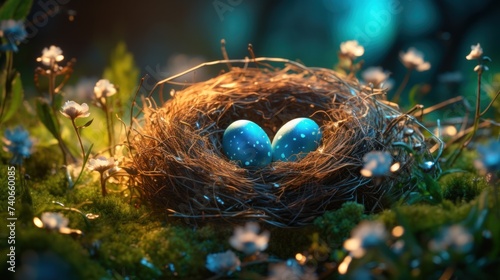 a nest of easter eggs on a grassy field