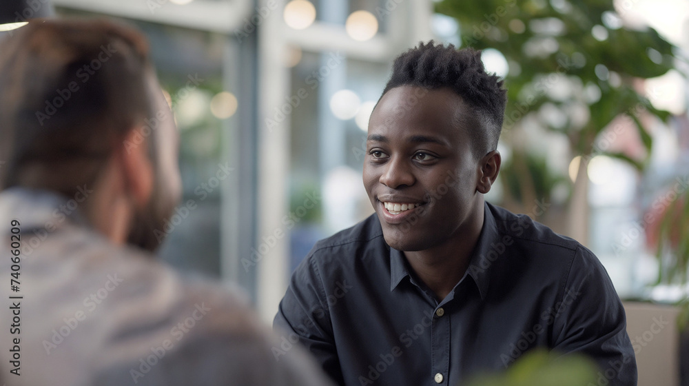 Smiling Young Black Professional Engaging in a Job Interview with Potential Employer in Bright Modern Office Smiling Young Black Professional Engaging in a Job Interview with Potential Employer in Bright Modern Office