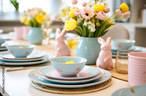 A plate on table is decorated with tulips and bunnies
