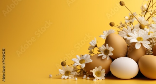 easter eggs and flowers on a yellow background