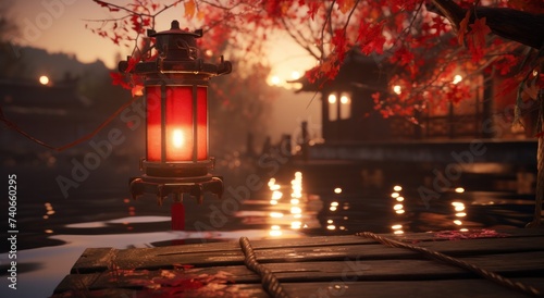 beautiful red lantern in the evening sunshine at chinese festival.
