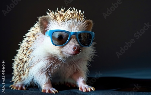 Adorable Hedgehog Wearing Sunglasses on Black Background © hakule