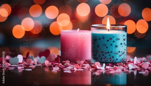 candle filled with flower petals and candles sits on a table beside a bokeh b...