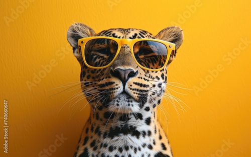 Leopard Wearing Sunglasses Against Yellow Background