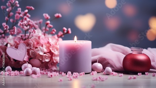 a candle, flowers and decorative hearts accompanied by a blurred background