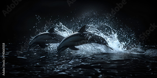 Pod of dolphins swimming in the ocean with sunlight filtering through the water and fish swimming around, 
